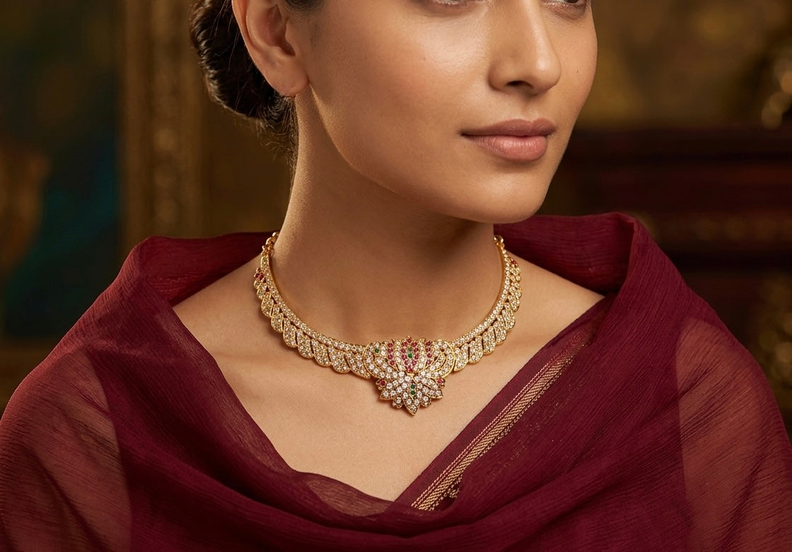 Gold tone South Indian style AD pink-green lotus attigai/necklace dj-52217