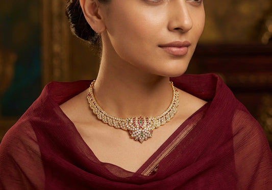 Gold tone South Indian style AD pink-green lotus attigai/necklace dj-52217