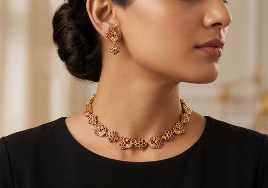 Gold tone pink-green-white stone peacock necklace set dj-54409