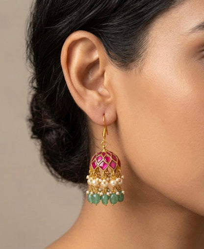 Gold tone pink kundan jadau green beaded pearl jhumkka dj-54256