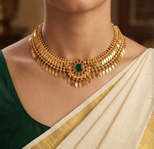 Gold tone kerala style elakka pink-green stone choker necklace dj-54542