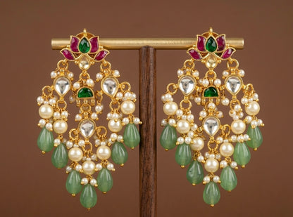 Gold tone pink-green-white kundan jadau green-pearl beaded lotus earrings dj-50715