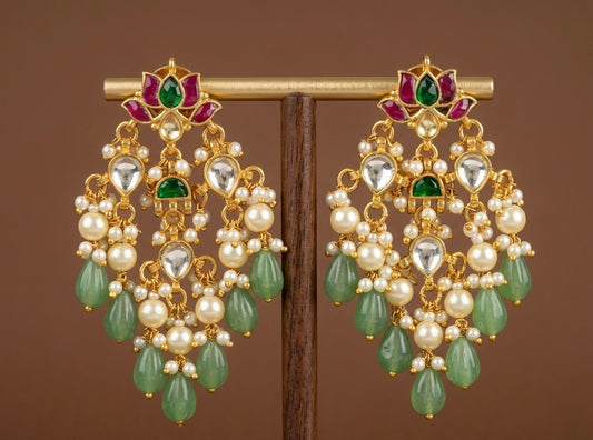 Gold tone pink-green-white kundan jadau green-pearl beaded lotus earrings dj-50715