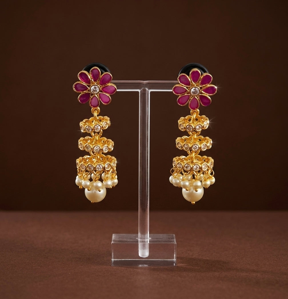 Antique gold tone ruby-white stone pearl step jhumkka dj-54631