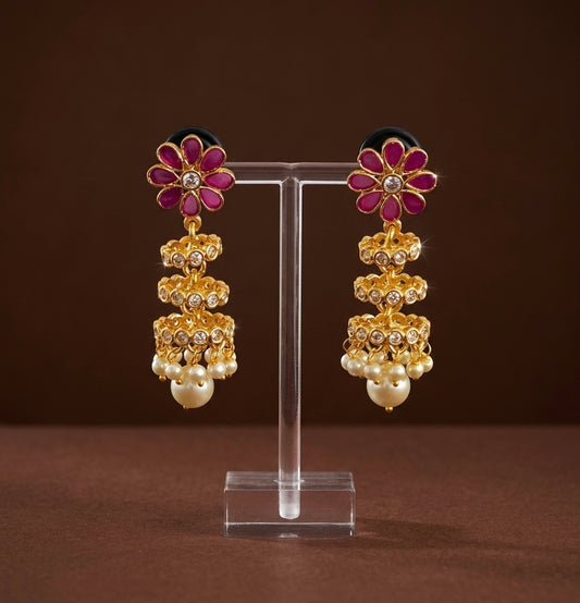 Antique gold tone ruby-white stone pearl step jhumkka dj-54631