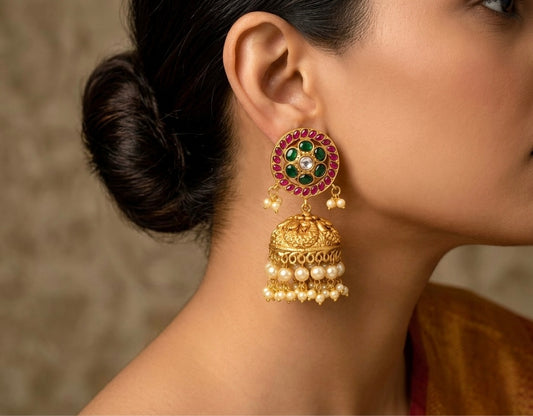 Matte finish pink-green-white kundan jadau flower peacock jhumkka dj-50710