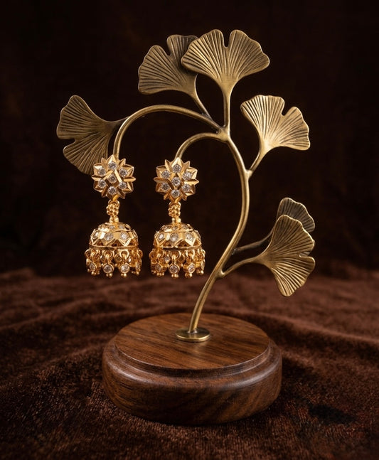 Gold tone AD white south Indian flower jhumkka dj-53271