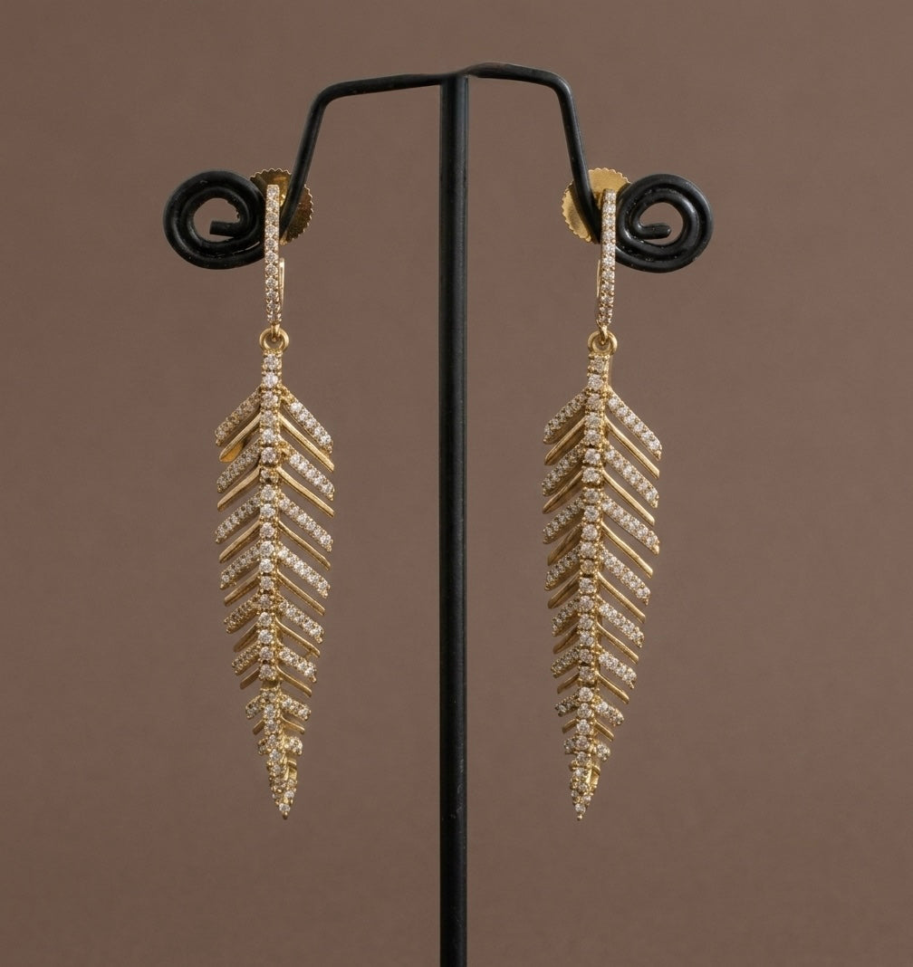 Dark antique gold tone white stone leaf long earrings dj-54641