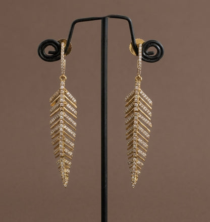 Dark antique gold tone white stone leaf long earrings dj-54641