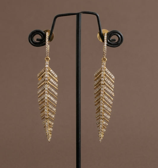 Dark antique gold tone white stone leaf long earrings dj-54641