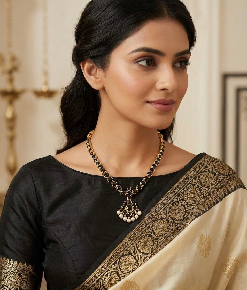 Gold tone AD black stone pearl attigai necklace dj-54987