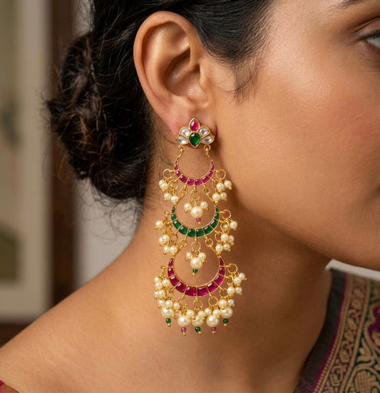 Gold tone pink-green-white kundan jadau step earrings dj-50722