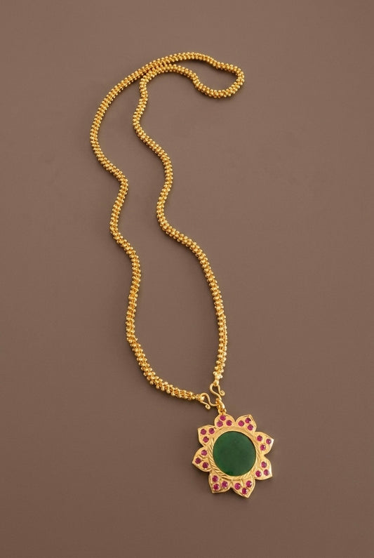 Gold tone 24 inches chain with ad pink-green round flower pendant dj-53833