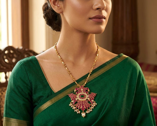 Matte finish pink-green kundan jadau Ganda berunda necklace dj-52727