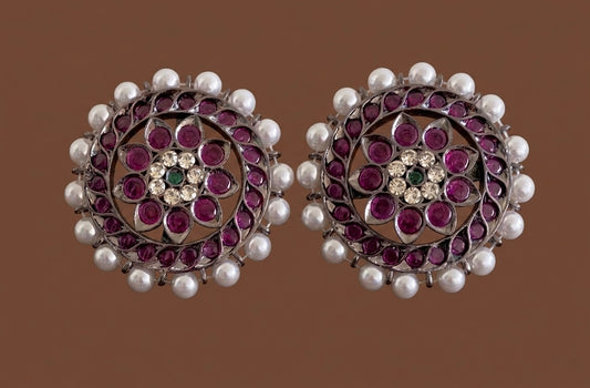 Black finish precious kemp-white pearl flower 2 in 1 round earrings dj-53947