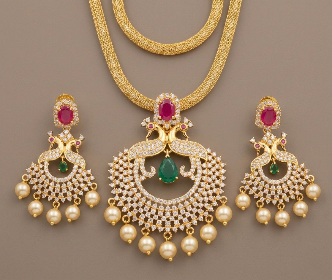 Gold Tone Cz Ruby-emerald Peacock Pendant Necklace Set -dj11040