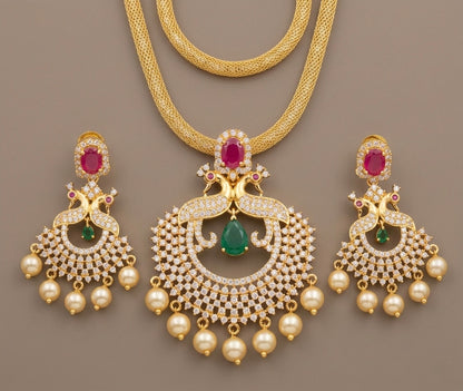 Gold Tone Cz Ruby-emerald Peacock Pendant Necklace Set -dj11040