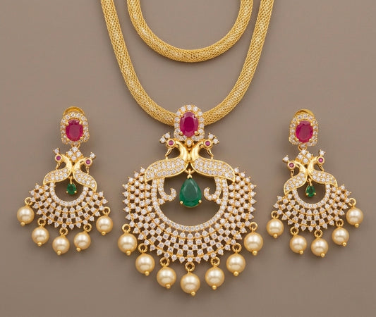 Gold Tone Cz Ruby-emerald Peacock Pendant Necklace Set -dj11040