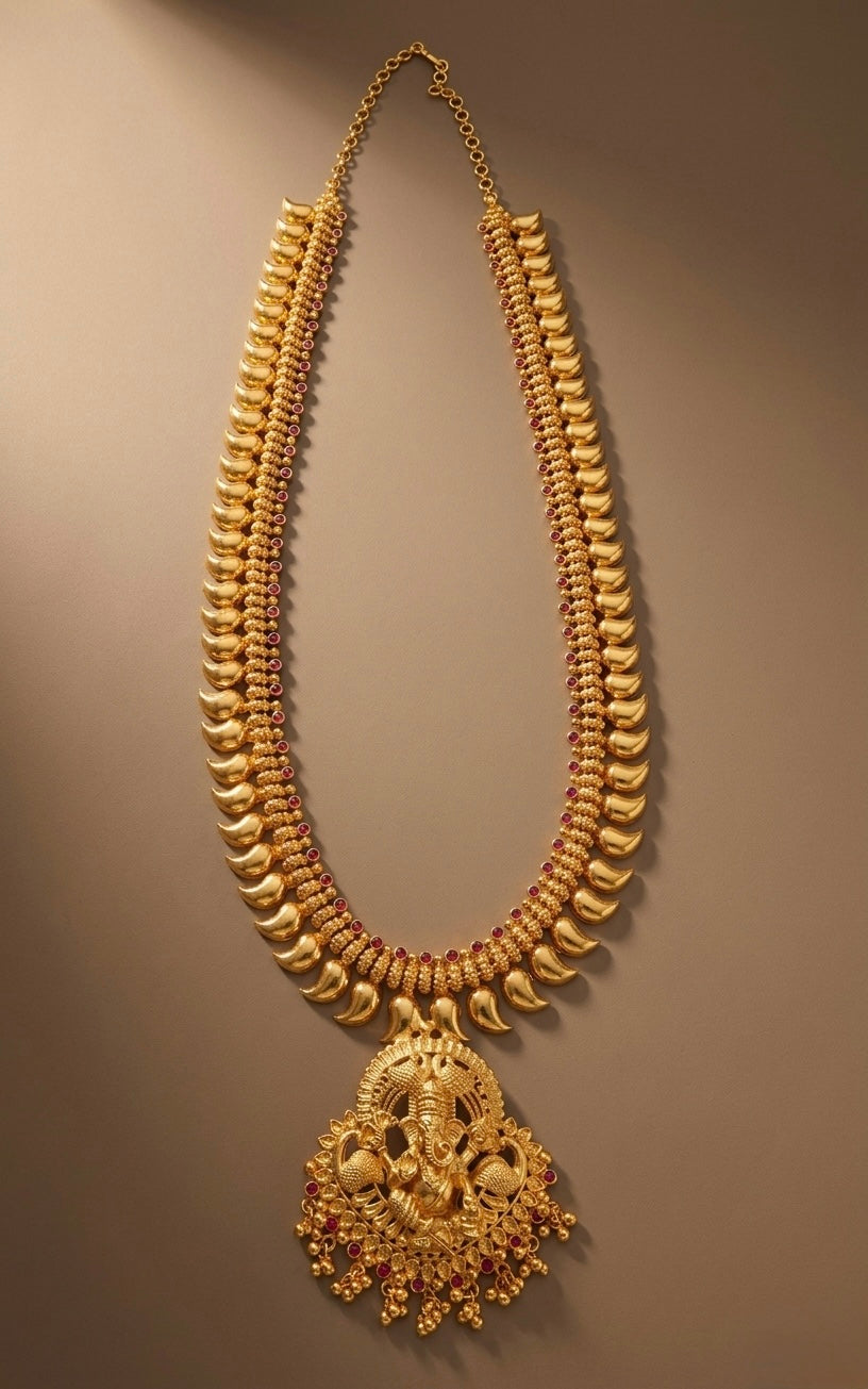 Gold tone pink stone mango ganesha haar dj-53157
