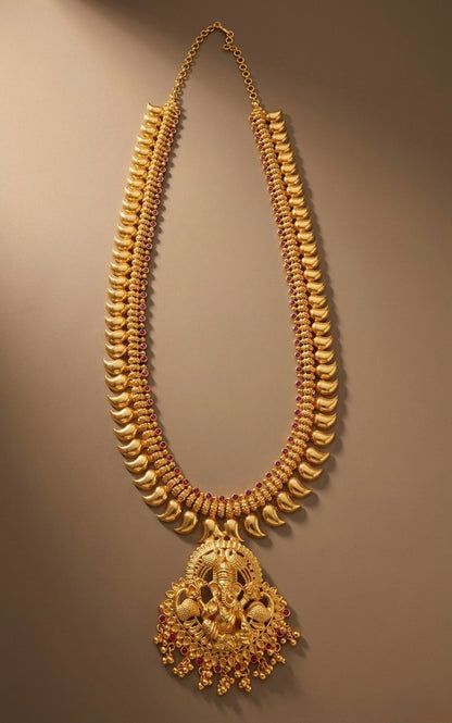 Gold tone pink stone mango ganesha haar dj-53157