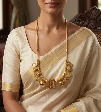 Gold tone 24 inches chain sokkar-meenakshi mango lakshmi coin mangalyam dj-54556