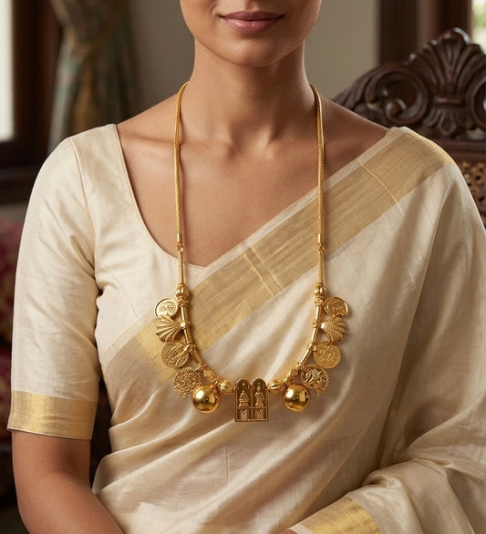 Gold tone 24 inches chain sokkar-meenakshi mango lakshmi coin mangalyam dj-54556