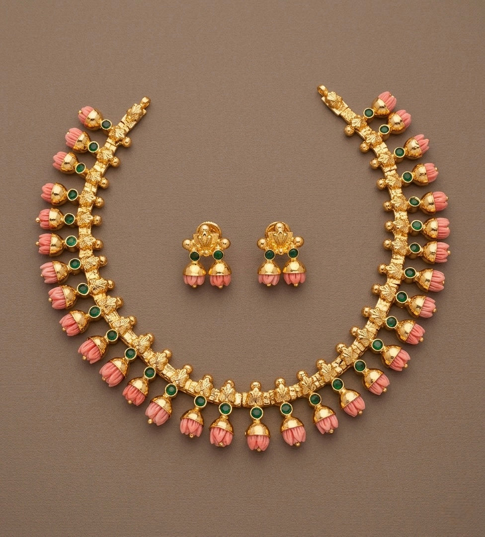 Gold tone green stone with pink tulip necklace set dj-54056