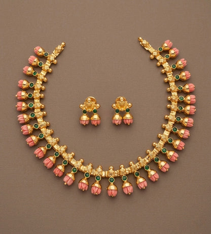 Gold tone green stone with pink tulip necklace set dj-54056