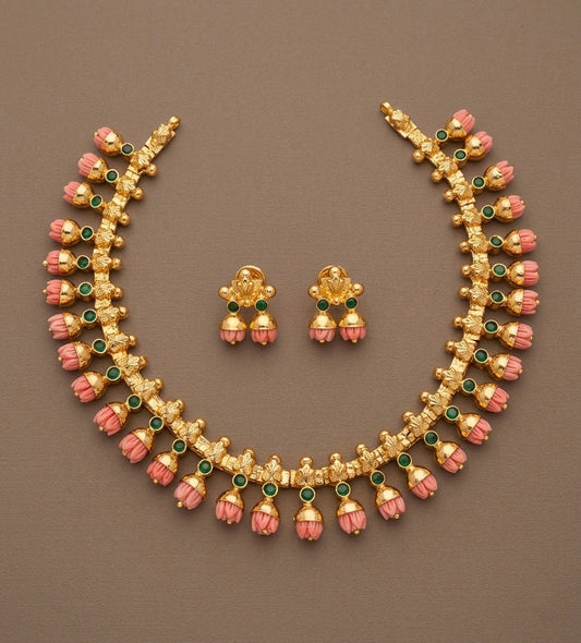 Gold tone green stone with pink tulip necklace set dj-54056
