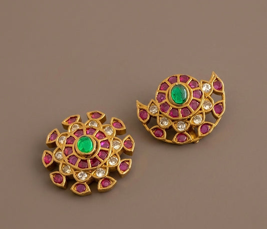 Antique gold tone small kemp-green-white flower sun moon hair jewel dj-53656