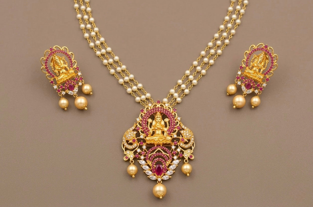 Gold tone cz ruby pearl Lakshmi necklace set dj-02131