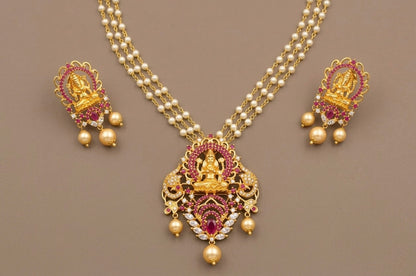 Gold tone cz ruby pearl Lakshmi necklace set dj-02131