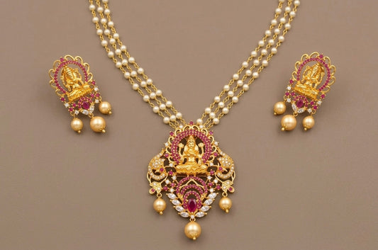 Gold tone cz ruby pearl Lakshmi necklace set dj-02131