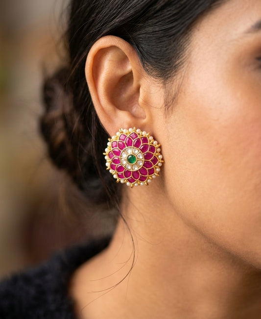 Gold tone pink-green-white kundan jadau flower round stud/earrings dj-54579