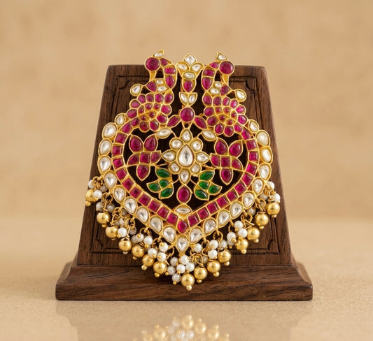 Gold tone pink-green-white kundan jadau peacock pendant dj-53176