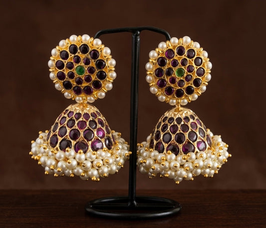 Gold tone precious kemp-green pearl jhumkka dj-50998