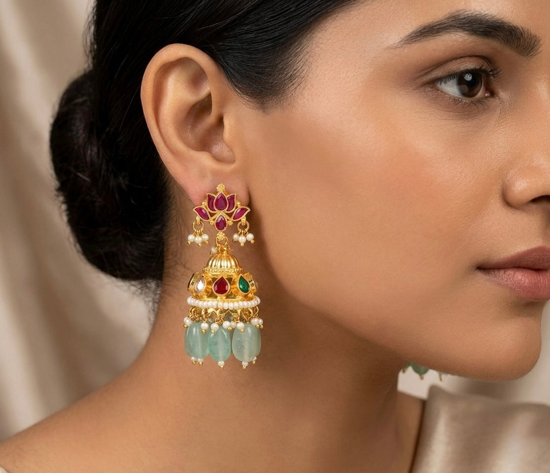 Gold tone pink-green-white kundan jadau lotus green beaded jhumkka dj-50712