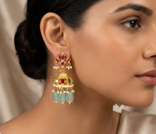 Gold tone pink-green-white kundan jadau lotus green beaded jhumkka dj-50712