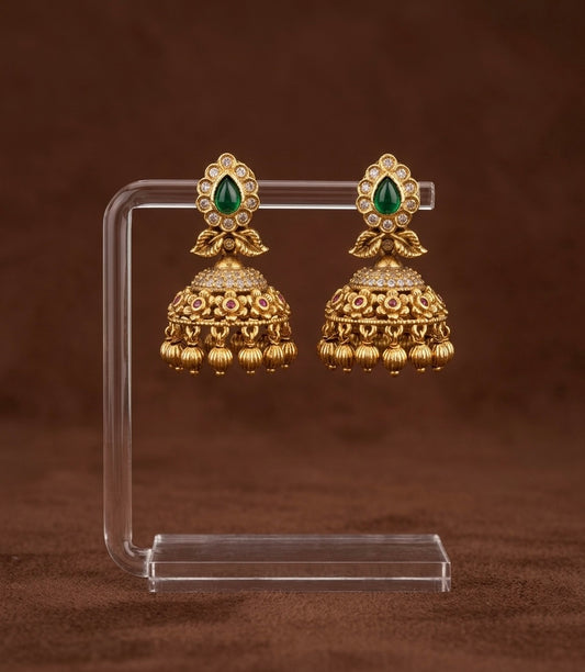 Antique gold tone kemp-green-white stone jhumkka dj-54638