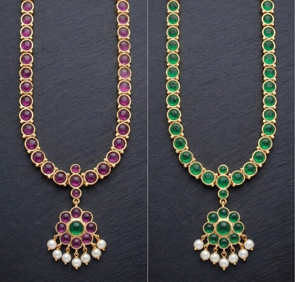 Gold tone precious kemp-green pearl reversible necklace dj-54148