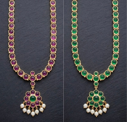 Gold tone precious kemp-green pearl reversible necklace dj-54148