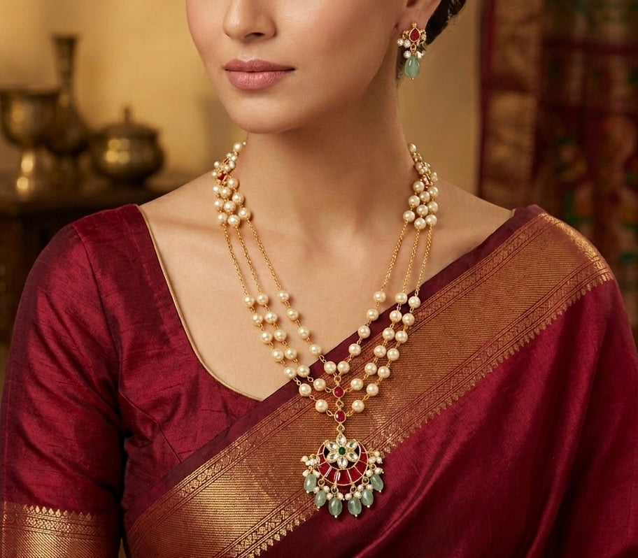 Gold tone kundan jadau flower moon pearl multi layer mid/length necklace set dj-54176