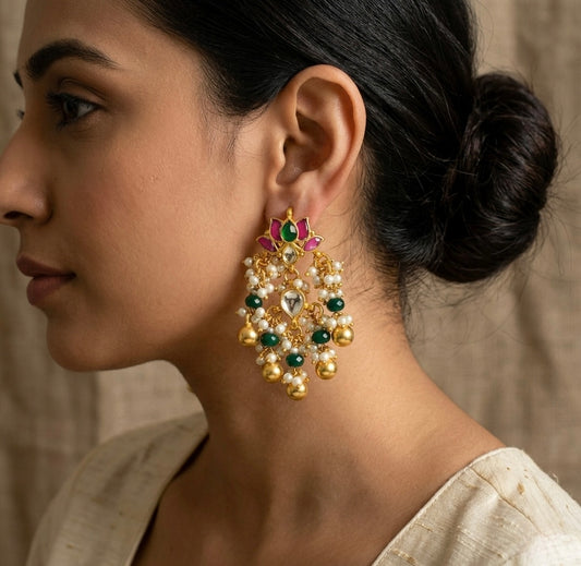 Gold tone pink-green kundan jadau lotus green bead earrings dj-50719