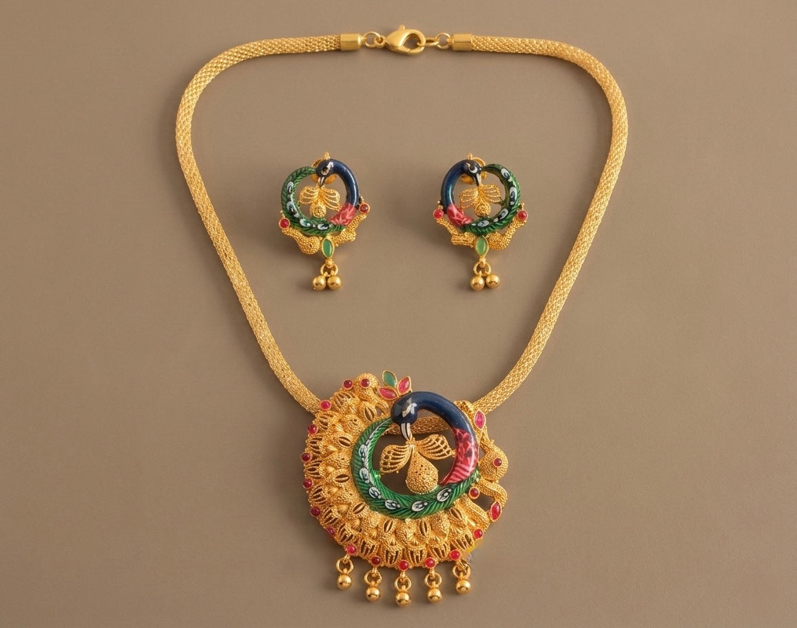 Gold tone ruby-emerald meenakari peacock necklace set -dj12832