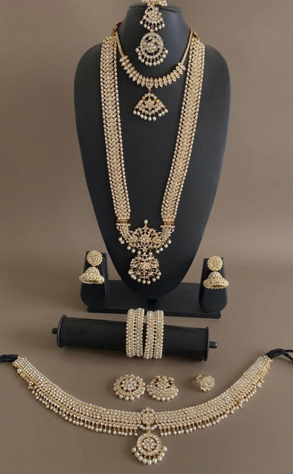 Gold tone AD white stone pearl flower bridal set dj-53966