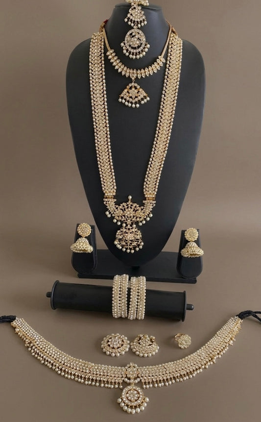 Gold tone AD white stone pearl flower bridal set dj-53966