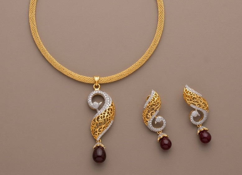 Gold Tone Cz-maroon Peacock Necklace Set -dj11843