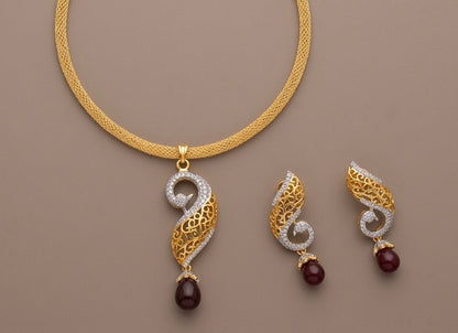 Gold Tone Cz-maroon Peacock Necklace Set -dj11843