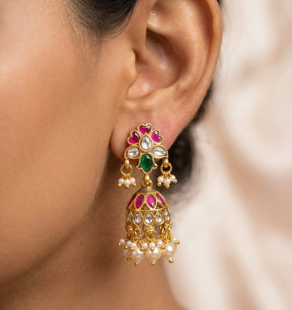 Gold tone pink-green-white stone kundan jadau pearl jhumkka dj-54589