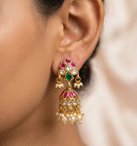 Gold tone pink-green-white stone kundan jadau pearl jhumkka dj-54589